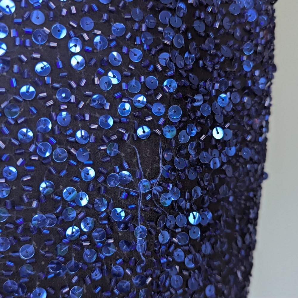 Vintage Oleg Cassini Neiman Marcus Blue Sequin Beaded Silk Cocktail Dress - Picture 8 of 12